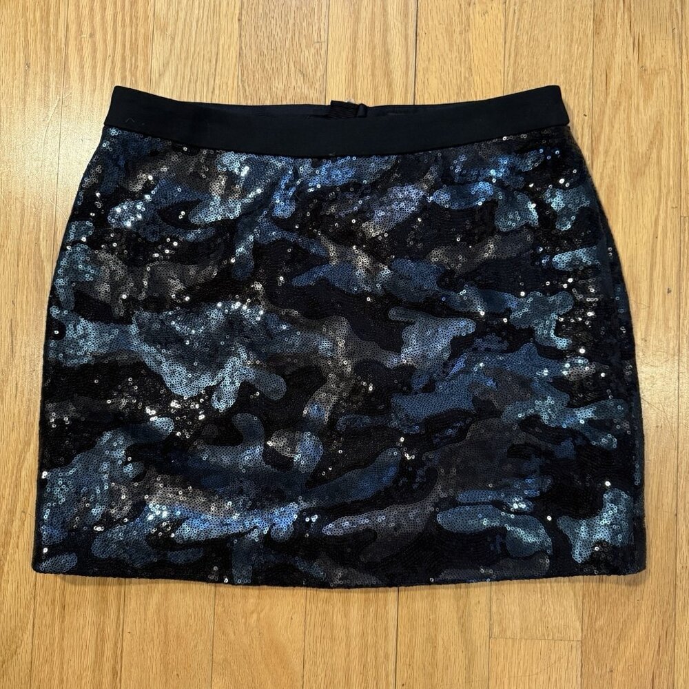 Ted Baker Womens London Camouflage Sequin Mini Skirt Black Blue Sz 2, EUC